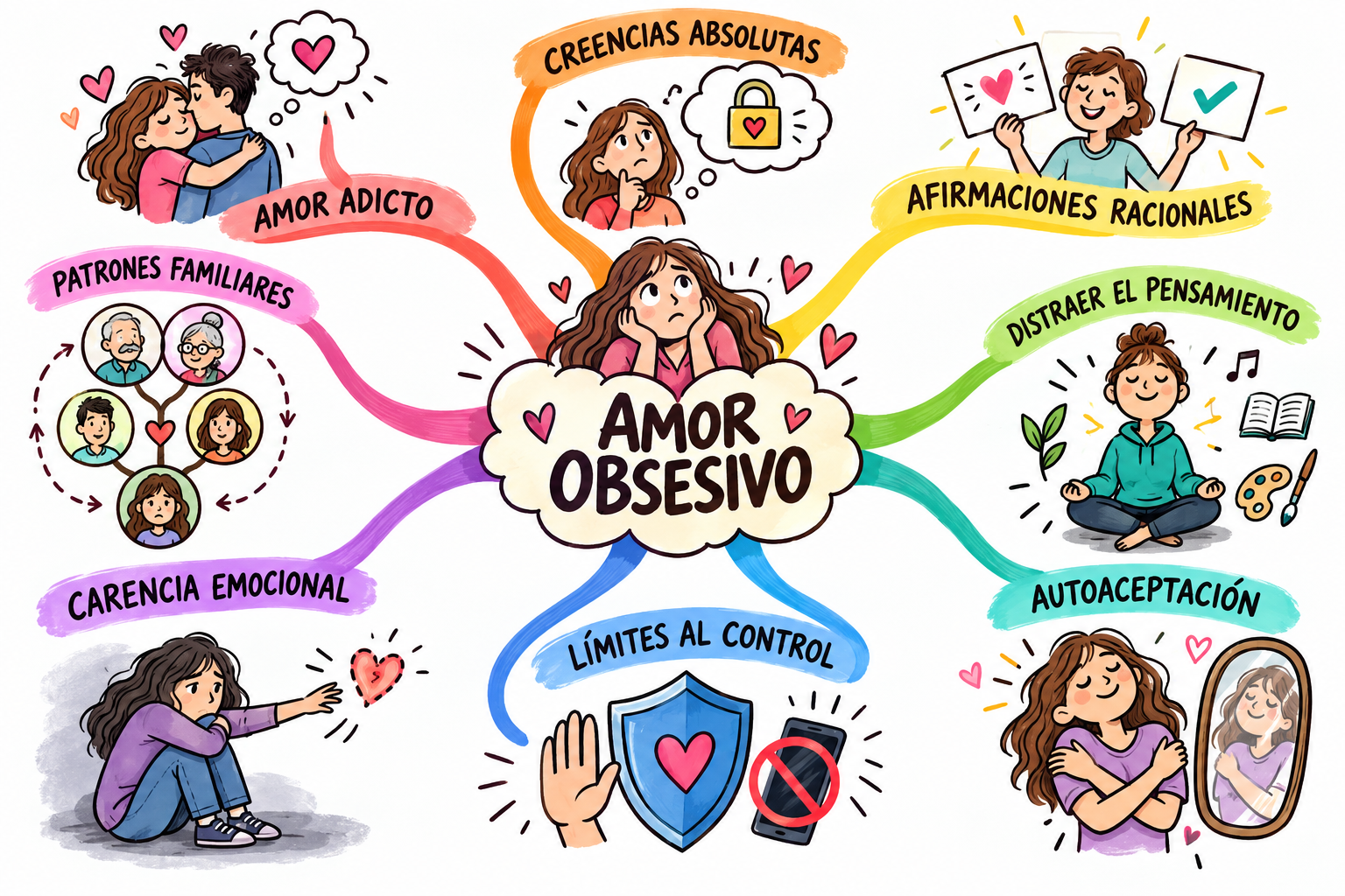 Mapa mental ilustrado de Amor Obsesivo
