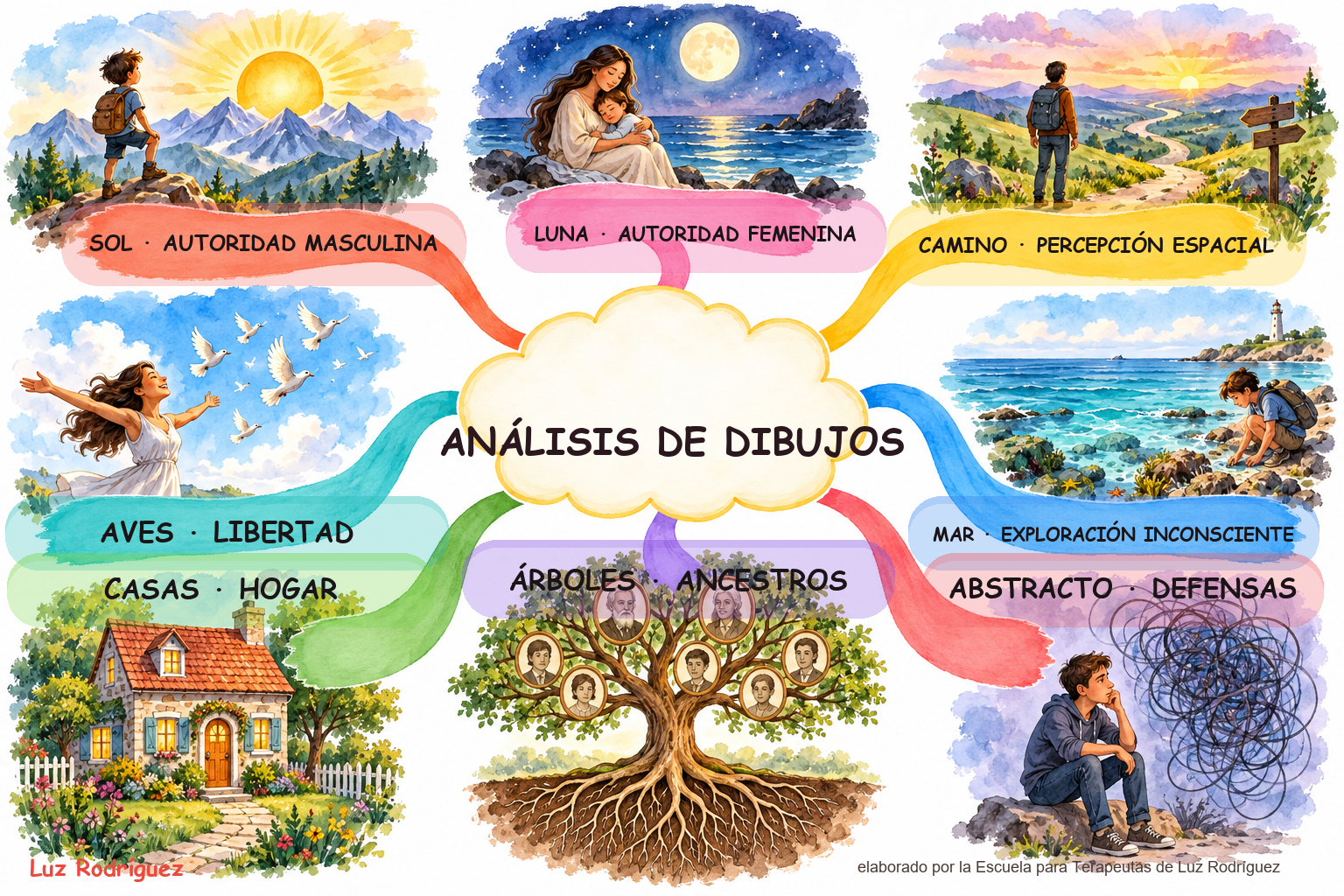 Mapa mental ilustrado en estilo 8 sobre el análisis de dibujos y su configuración