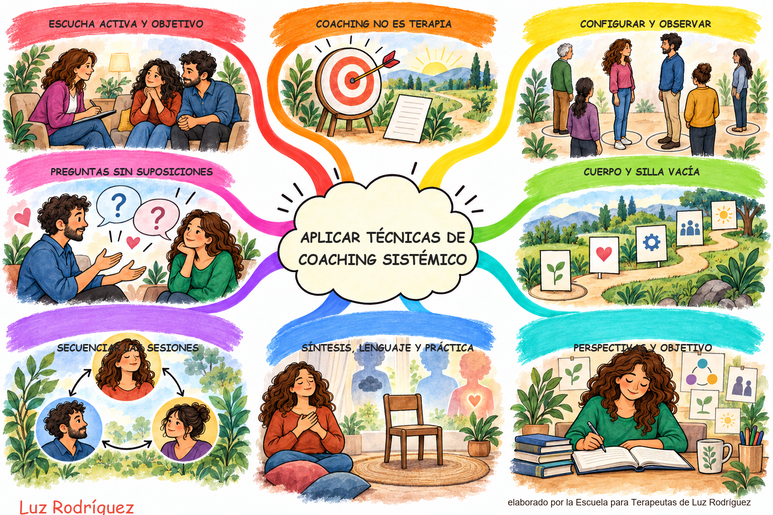 Mapa mental ilustrado de Aplicar algunas de las técnicas de Coaching Sistémico