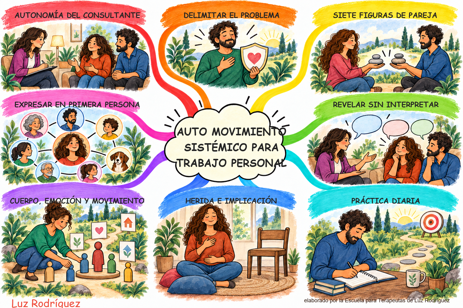 Mapa mental ilustrado de Auto Movimiento sistémico para trabajo personal