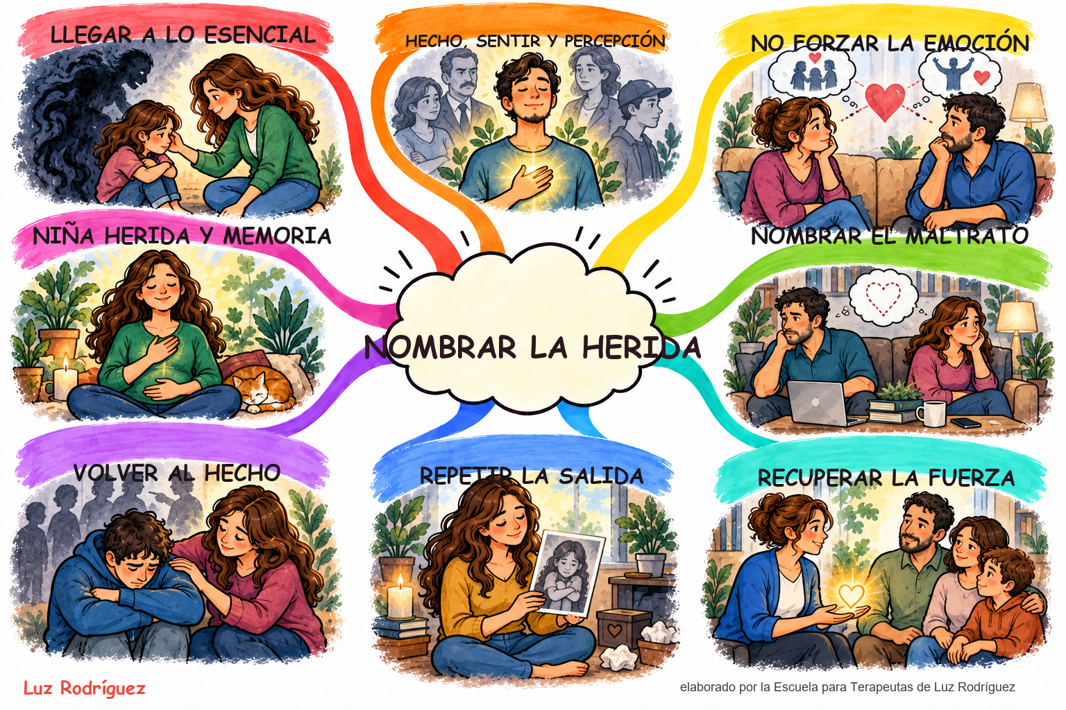 Mapa mental Style8 ilustrado de Clase de semana 2 — Delimitar y nombrar la herida