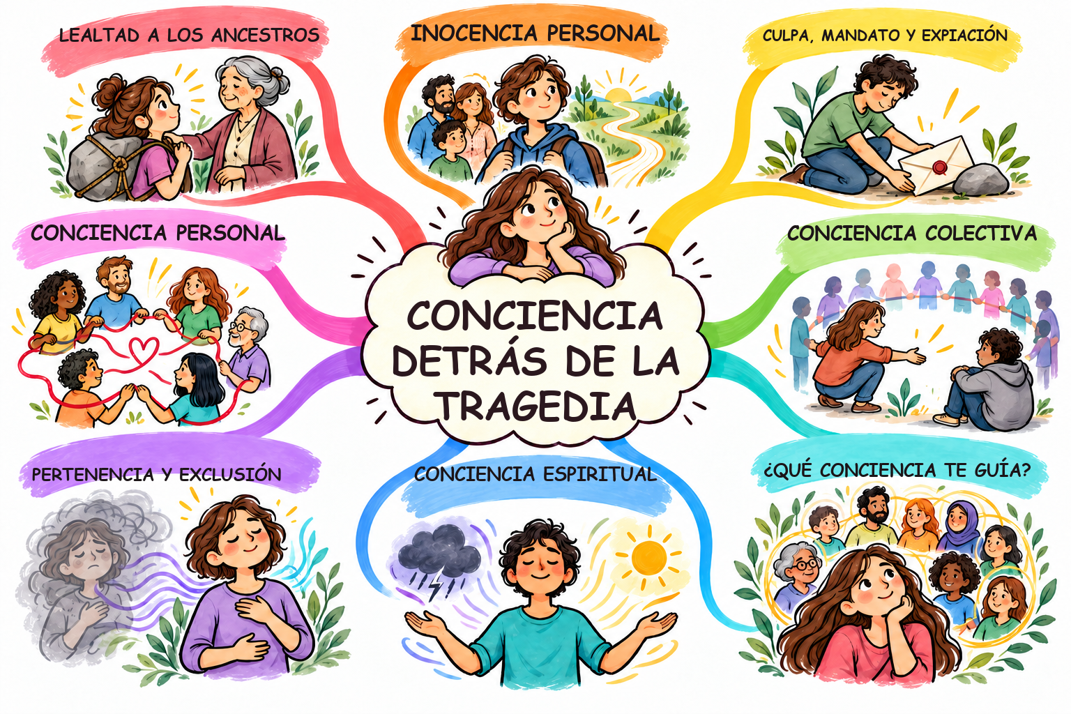 Mapa mental Style8 ilustrado de Conciencia detrás de la tragedia