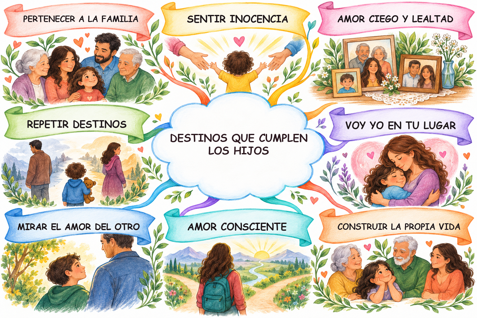 Mapa mental Style8 ilustrado de Destinos que cumplen los hijos