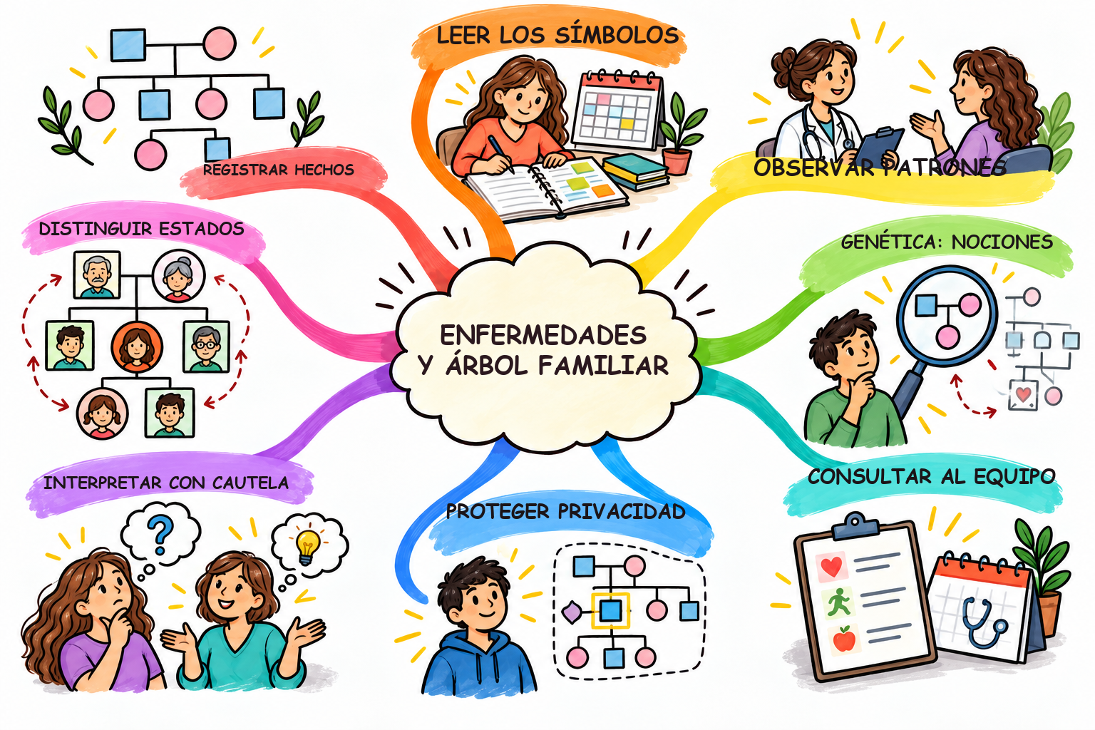Mapa mental ilustrado de Dinámicas de enfermedades en el árbol familiar
