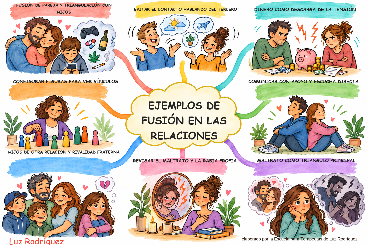 Mapa mental ilustrado de Ejemplos de fusión en las relaciones