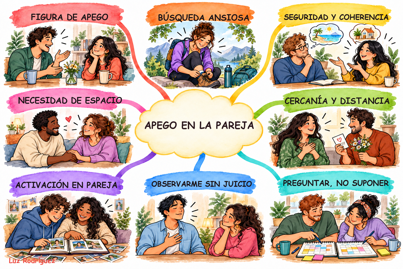 Mapa mental Style8 ilustrado de Estilos de Apego y maneras de relacionarse