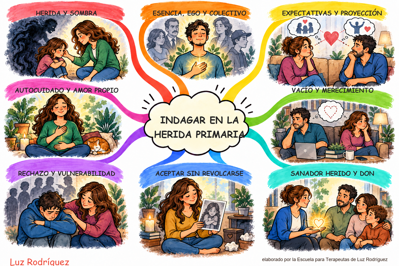 Mapa mental ilustrado de Indagar en la herida primaria