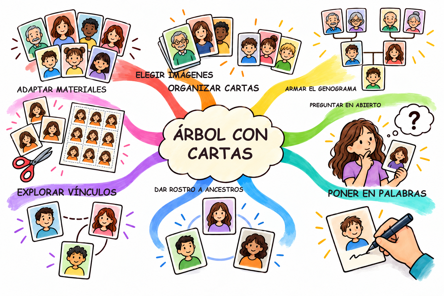 Mapa mental ilustrado de Montaje del árbol con cartas