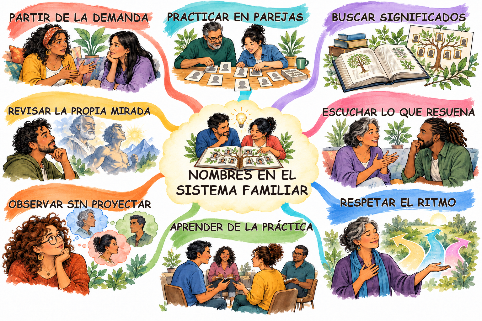 Mapa mental ilustrado de Trabajar los nombres dentro del sistema familiar