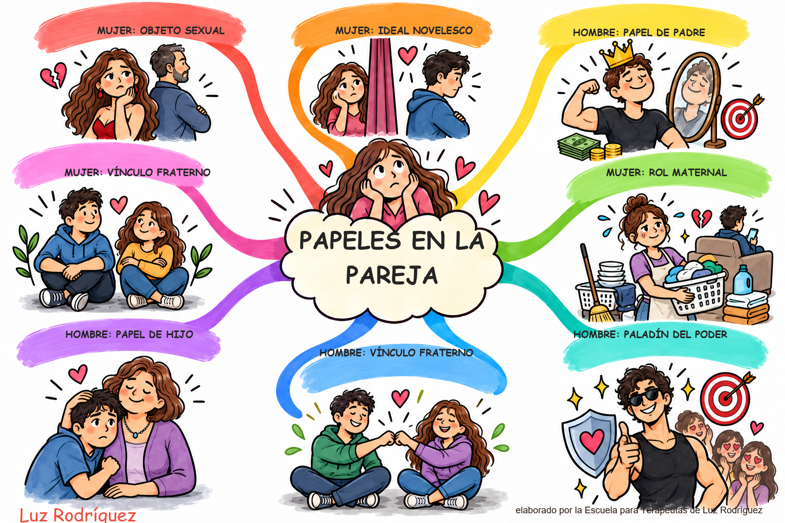 Mapa mental ilustrado de Papel del hombre y de la mujer en la Pareja