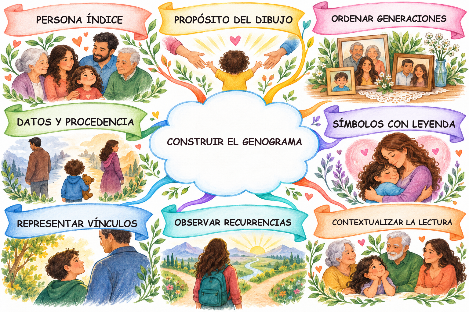 Mapa mental ilustrado de Construcción del genograma