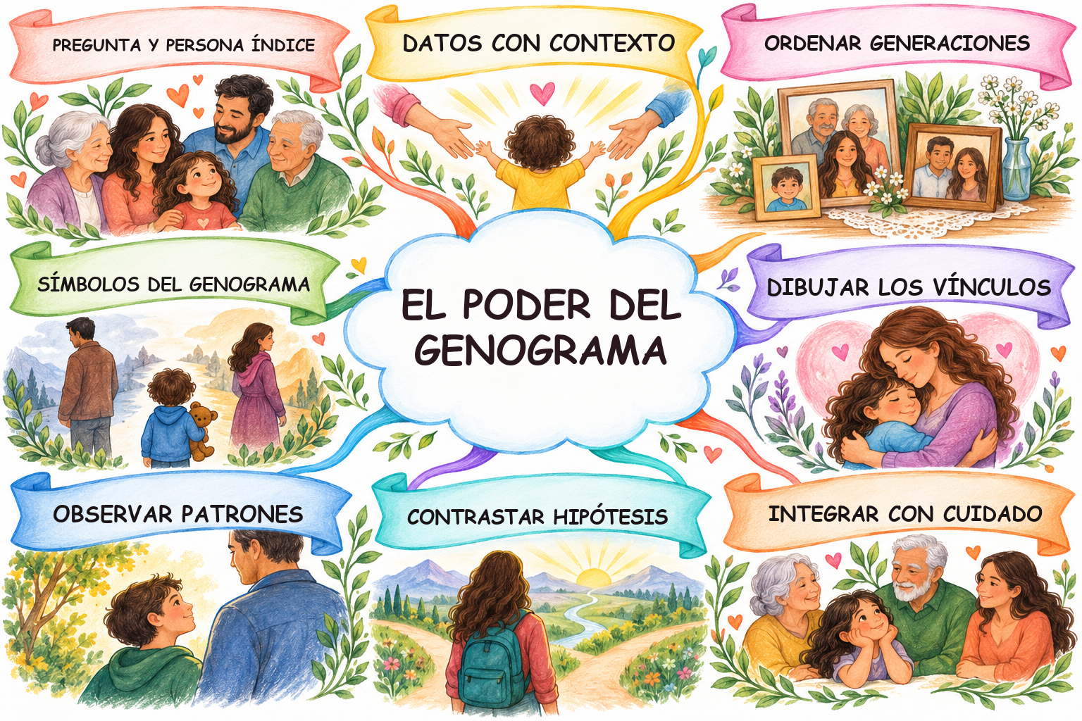 Mapa mental ilustrado de El poder del Genograma