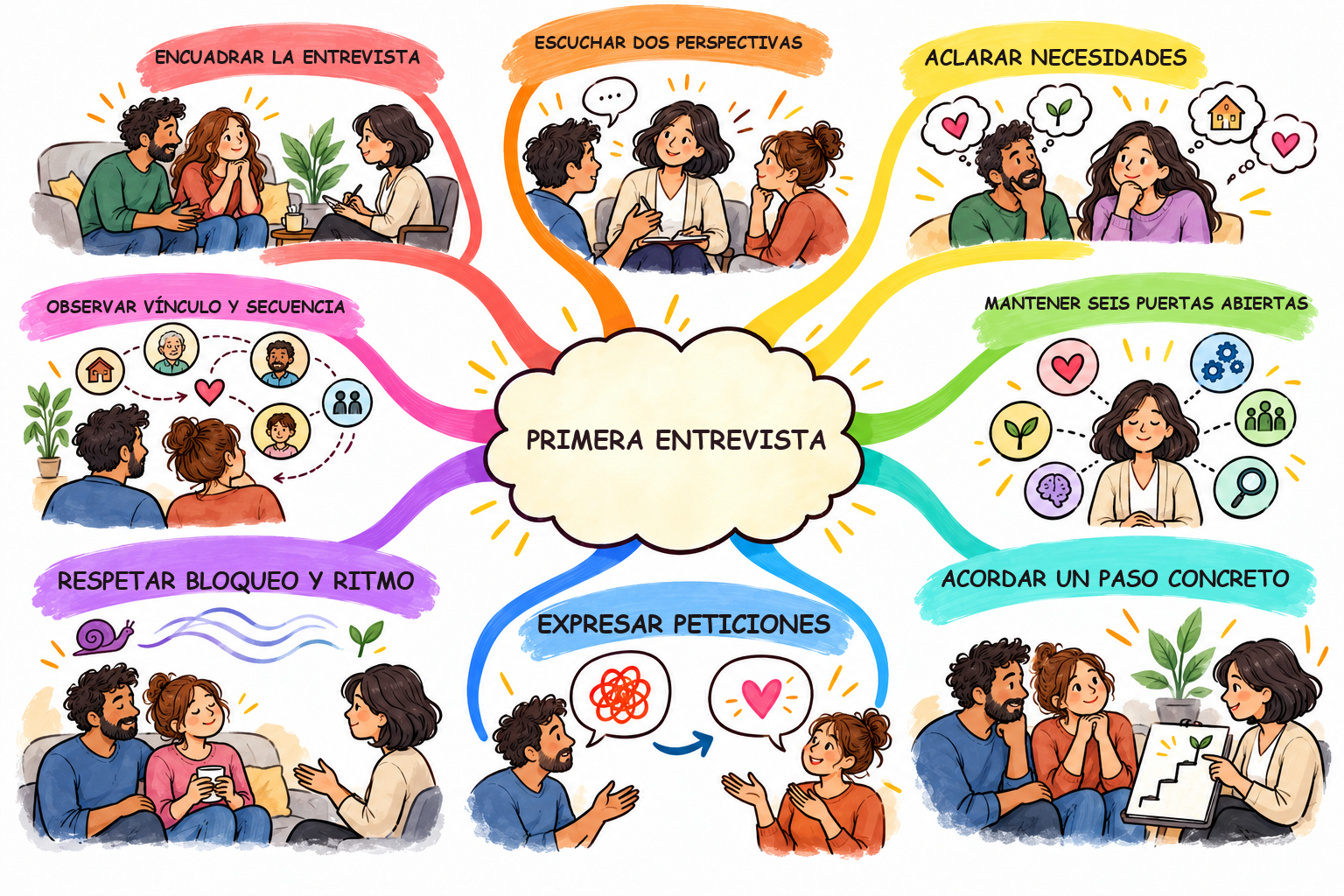 Mapa mental ilustrado de Práctica 2: entrevista inicial y seis puertas de lectura
