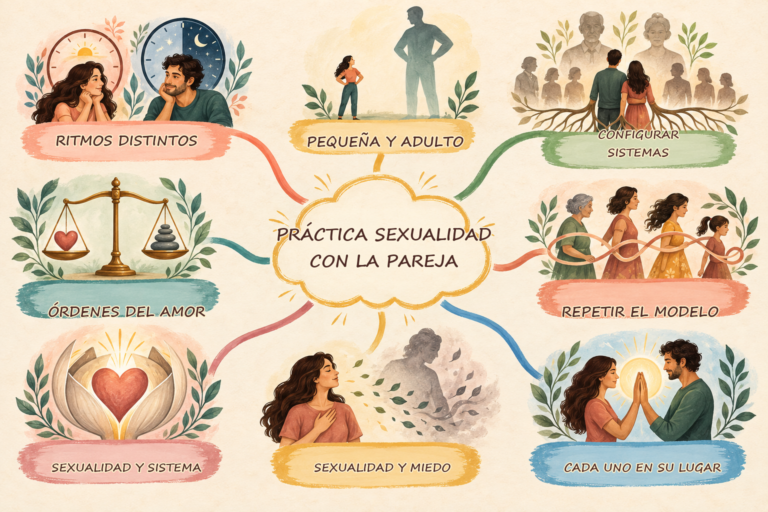 Mapa mental ilustrado de Práctica sexualidad con la pareja