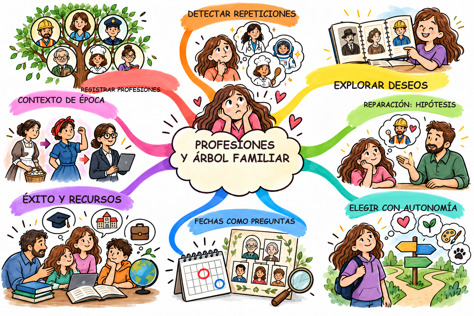 Mapa mental ilustrado de Profesión en el árbol práctica
