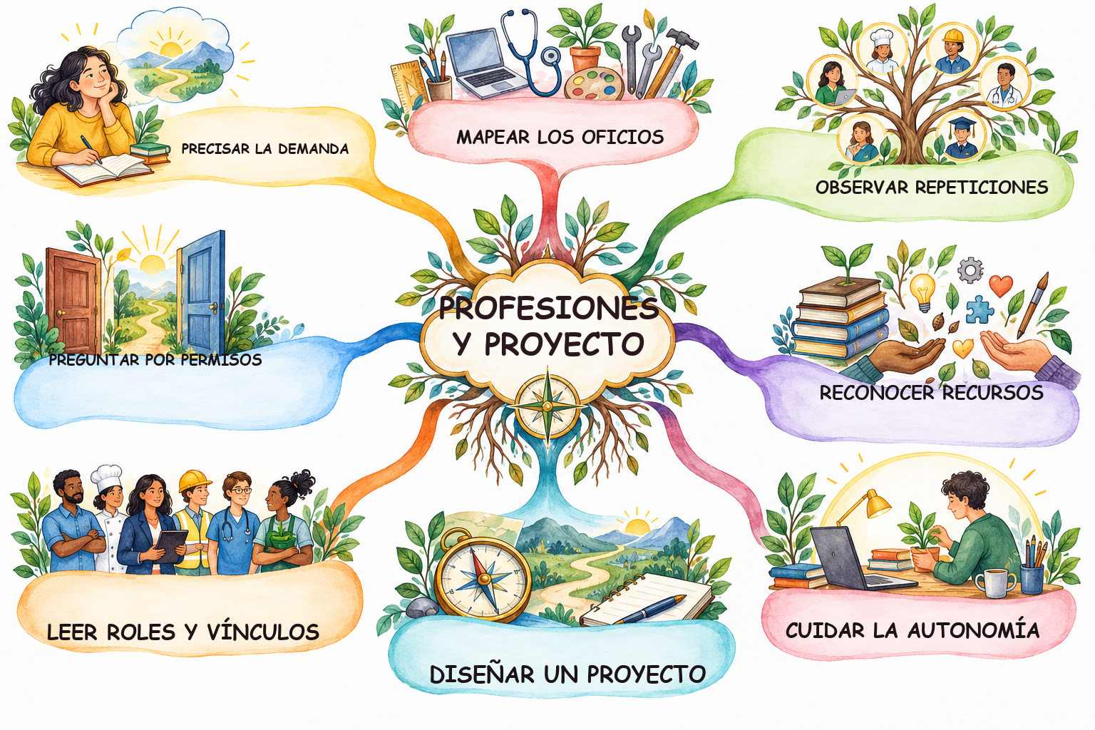 Mapa mental ilustrado de Profesiones en el sistema: permisos, recursos y proyecto