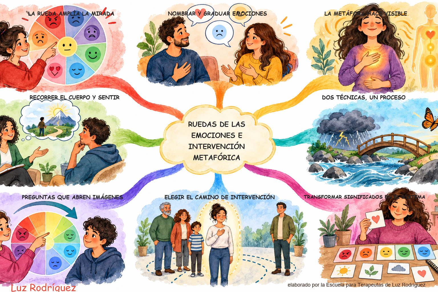 Mapa mental ilustrado de Ruedas de las Emociones e intervención metafórica