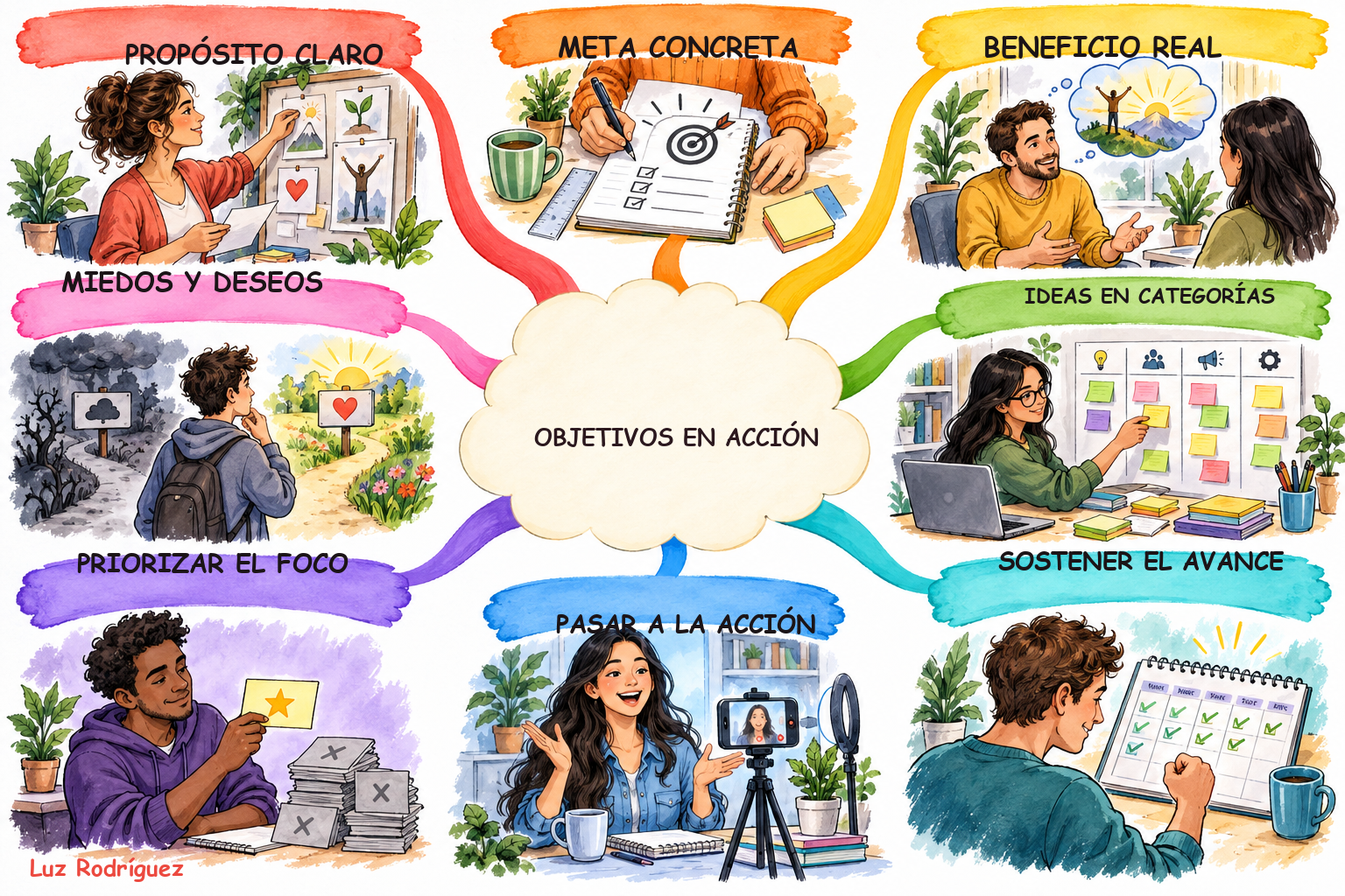 Mapa mental Style8 ilustrado de Clarificar objetivos y convertirlos en acción