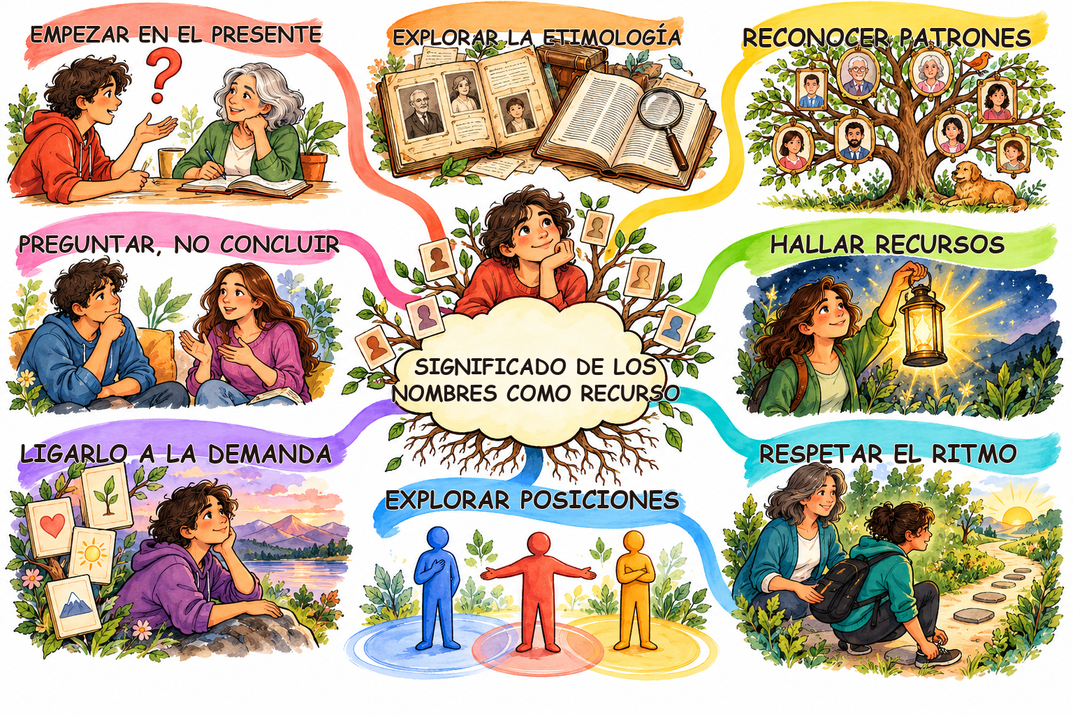 Mapa mental ilustrado de Significado de los nombres en el sistema familiar
