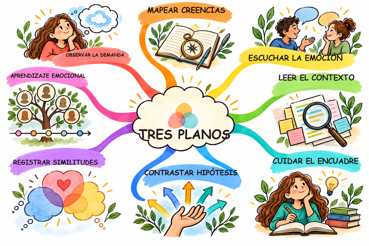 Mapa mental ilustrado de Tres planos de exploración: pensamiento, emoción y contexto familiar